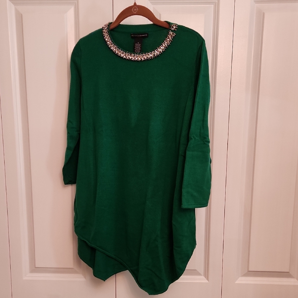 Grace Elements Emerald Green Tunic with Embellished Collar and Asymmetrical Hem